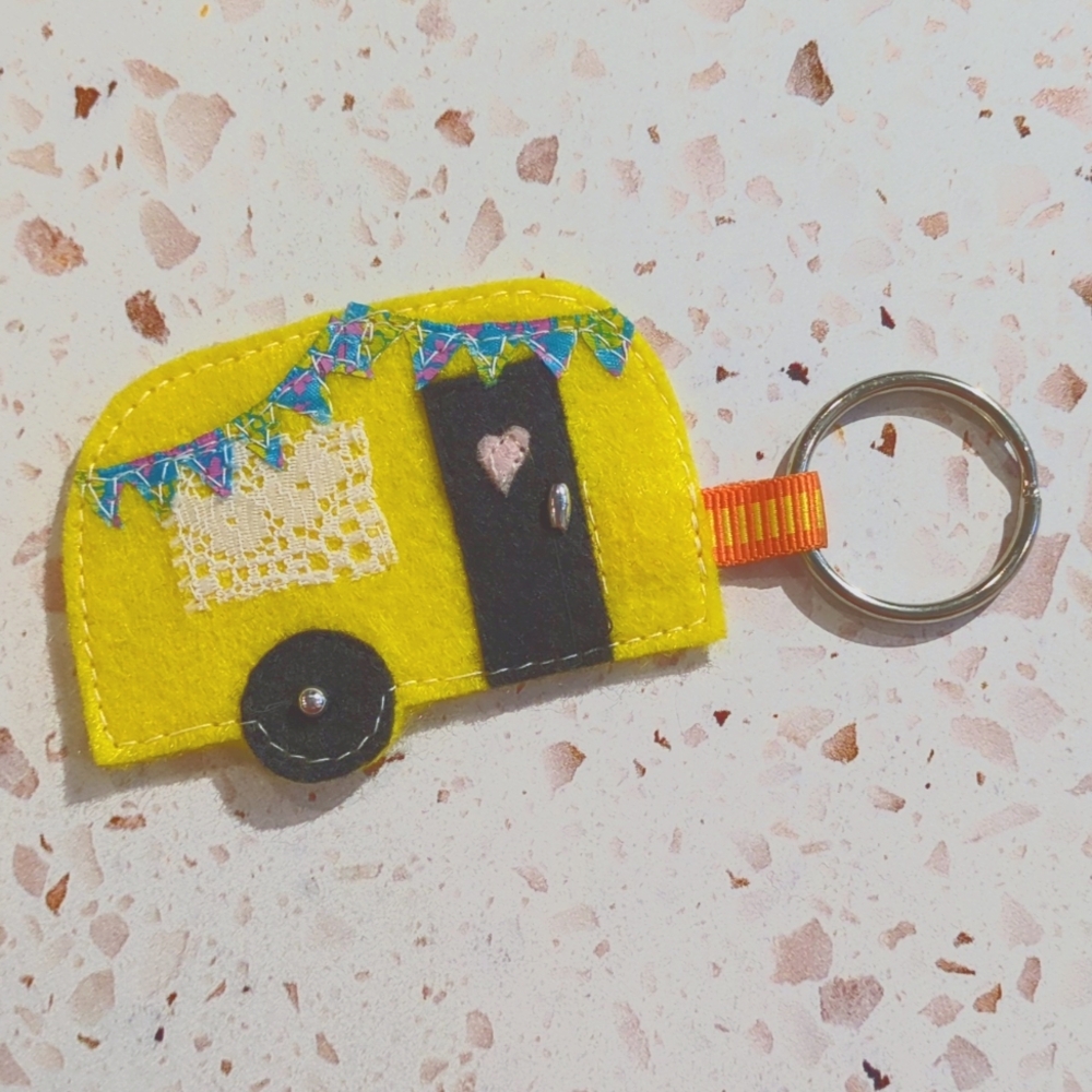Adventure Awaits Key Fob Retro Camper Handcrafted Felt Beads Lace Ribbon | New#7